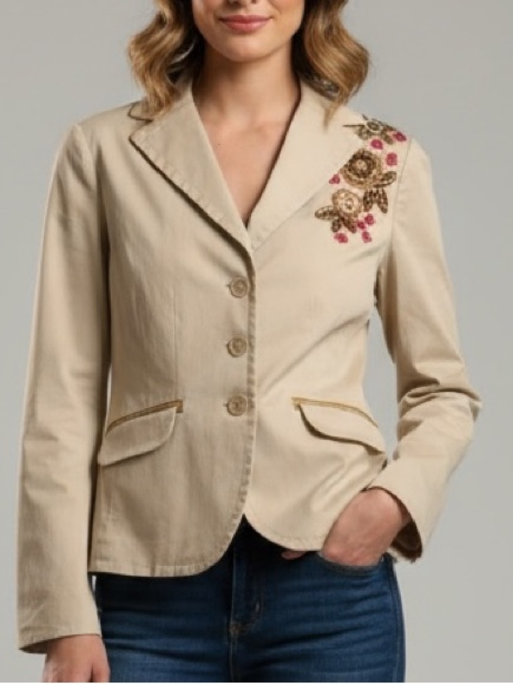 Ann Taylor Women's Beige Embroidered Beaded Blazer Jacket Size 4P